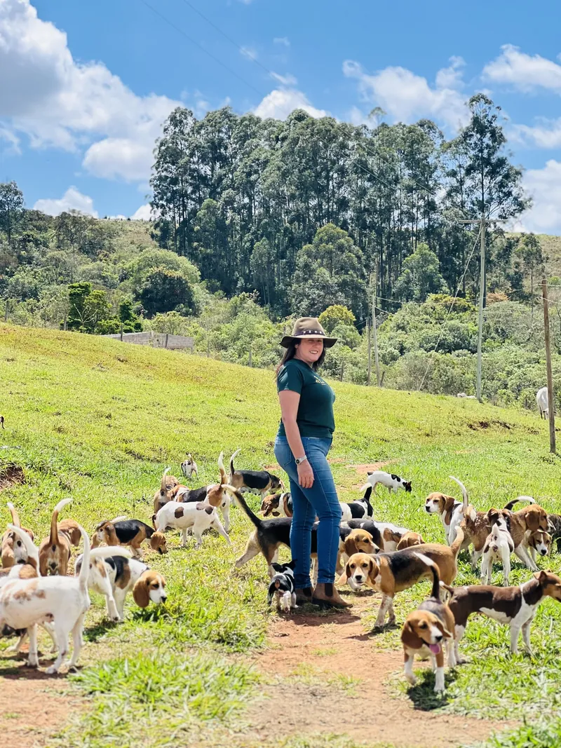 Elen entre os Beagles no pasto do canil